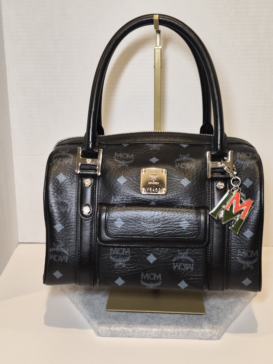 MCM Handbags - MCM Black Visetos Boston Satchel with Gold Logo Plate